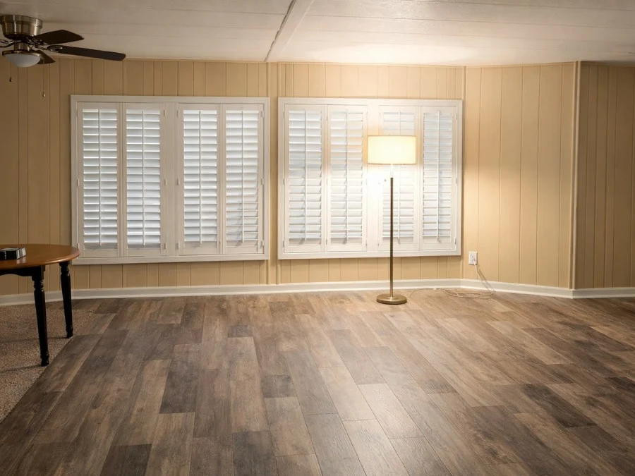 manufactured home living room remodel with luxury vinyl plank flooring in arizona by mesic contracting call (623) 915-1447