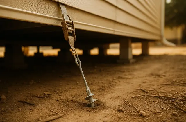 Ground anchor stake hanging from the underside of a beige trailer, driven into dry dirt outside.